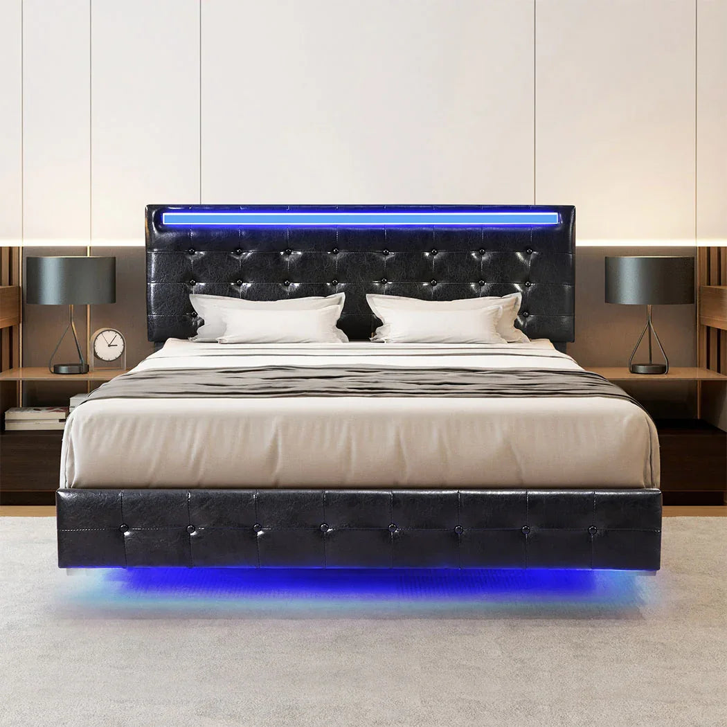 Levede  Floating Bed Frame Double with Headboard LED Lights Mattress Base-2006732834760429575