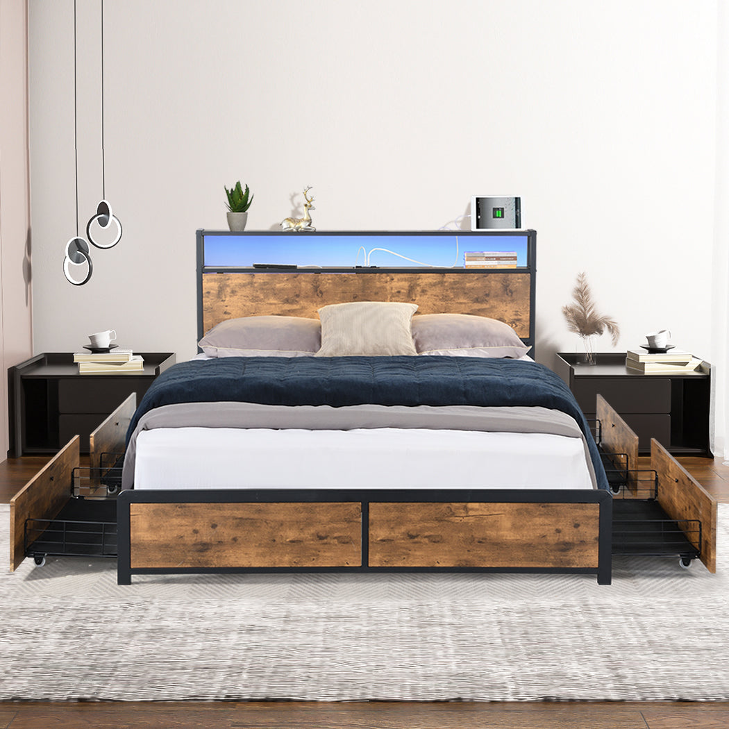 Levede Queen Bed Frame RGB LED 4 Drawers USB-1894516727170076679