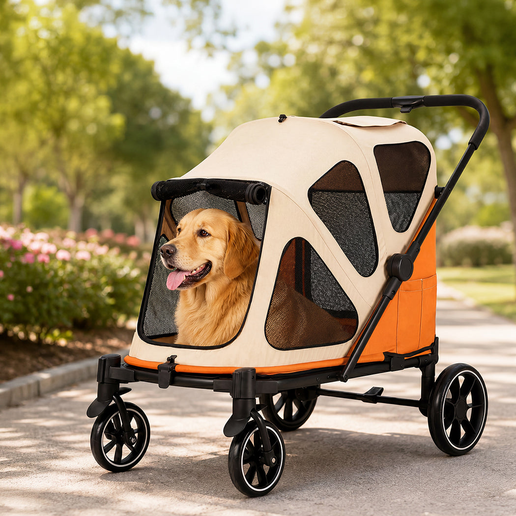 PaWz Dog Stroller Pet Pram Foldable Mesh Ventilated Seat Safety Leash Orange-2100034992506802183