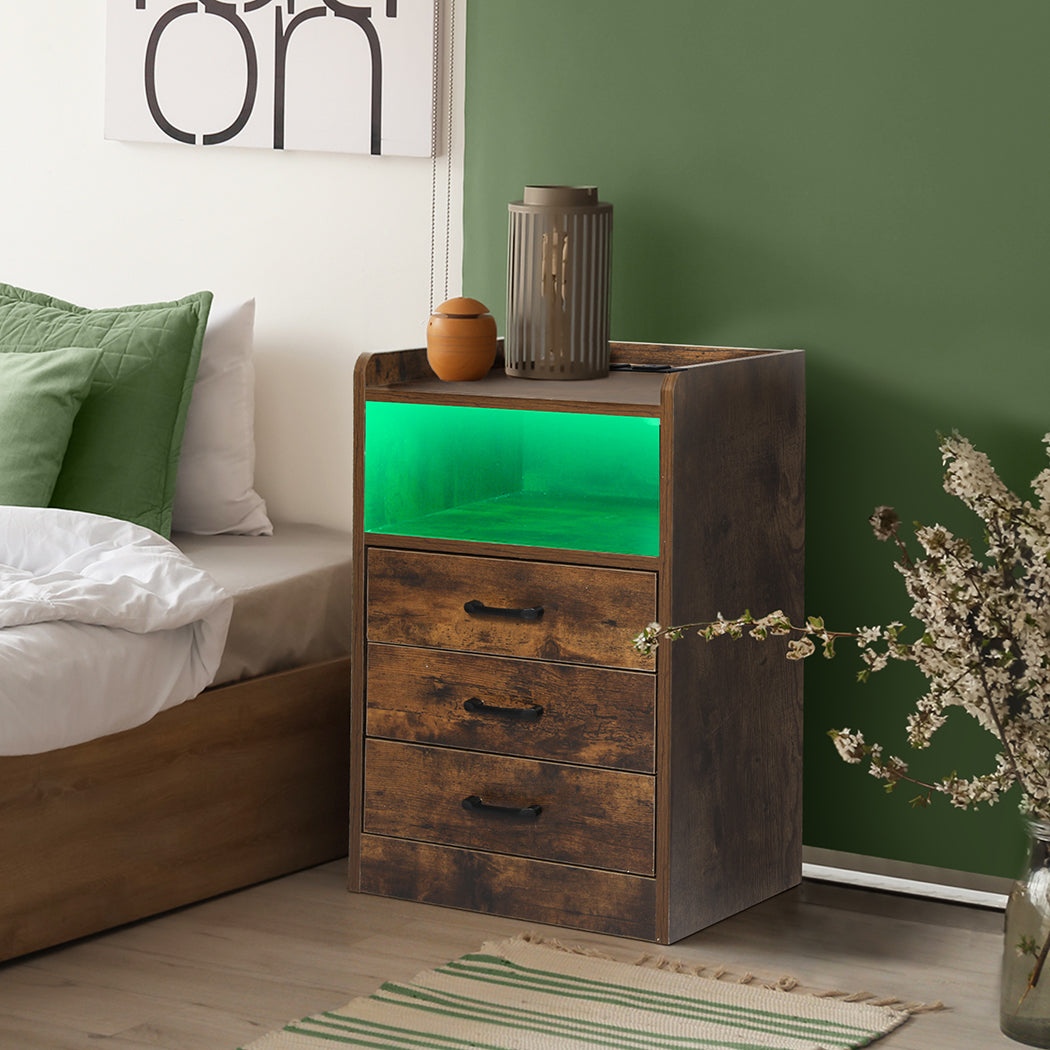 Levede Bedside Table USB Charger Outlet LED Oak