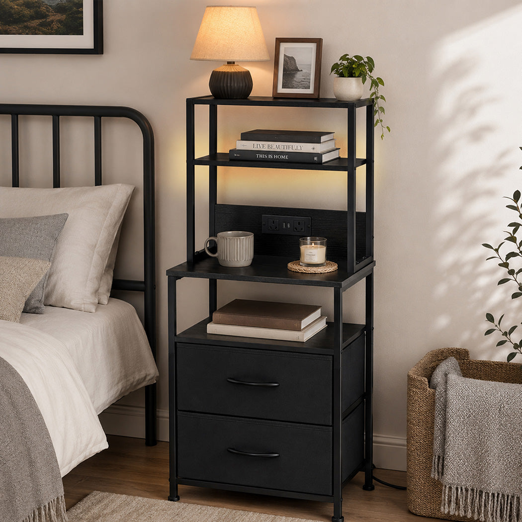 Levede Bedside Table with Charging Station LED Lights Black-2100034980859219975