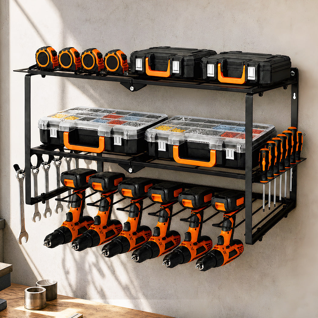 Levede Garage Storage Organiser 3 Tier Wall Mounted Power Tool Rack Metal Black-2109799601446522888