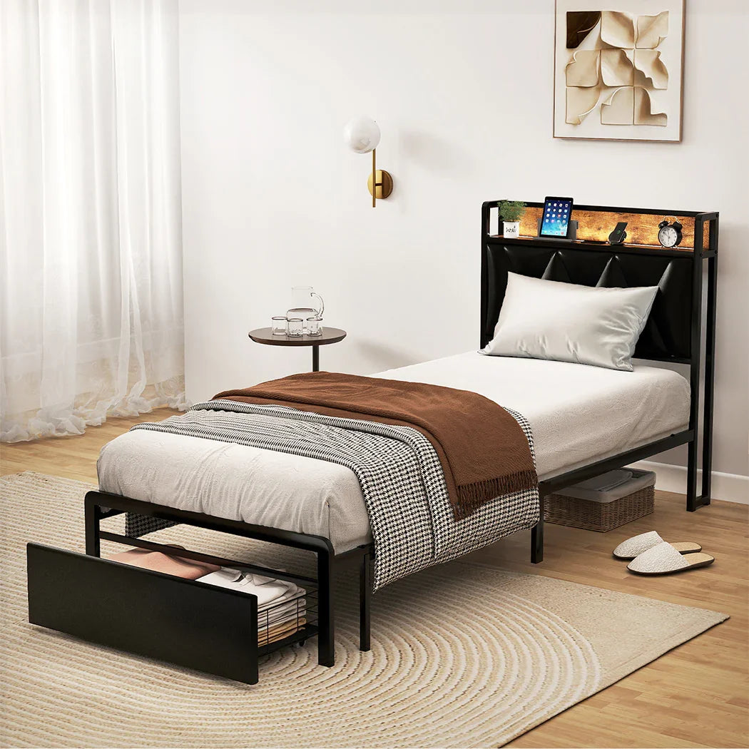 Levede Single Bed Frame Leather Headboard RGB 2 Drawers-2050056739788820487