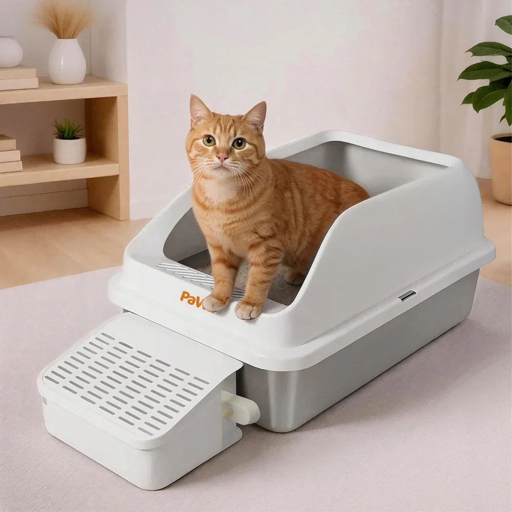 Pawz Stainless Steel Cat Litter Box Big Cats Kitten High Sided Easy Clean White-2050056766686892039