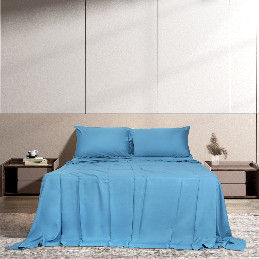 Dreamz 4pcs Double Size 100% Bamboo Bed Sheet Set in Blue Colour-1864183183050936327