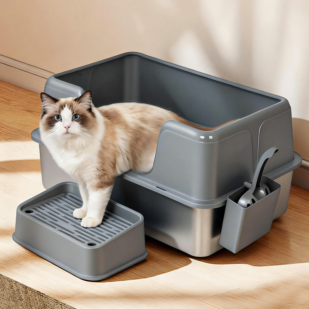 Pawz Stainless Steel Cat Litter Box Large Semi-Enclosed Easy Cleaning Pet Toilet-2050056767278288903