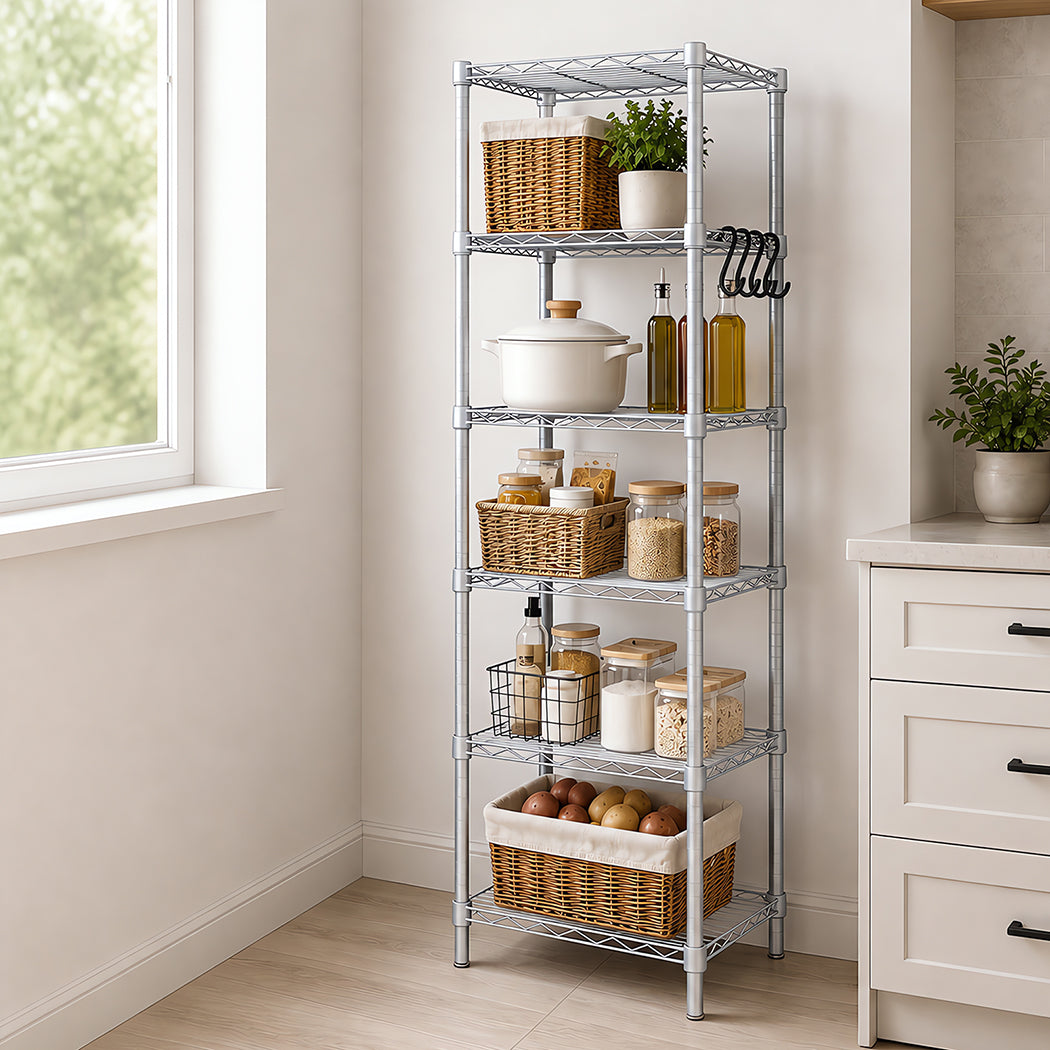 Levede Shelving Unit Adjustable Rack 6 Tier 161cm Carbon Steel  Laundry Silver-2109799590394531848