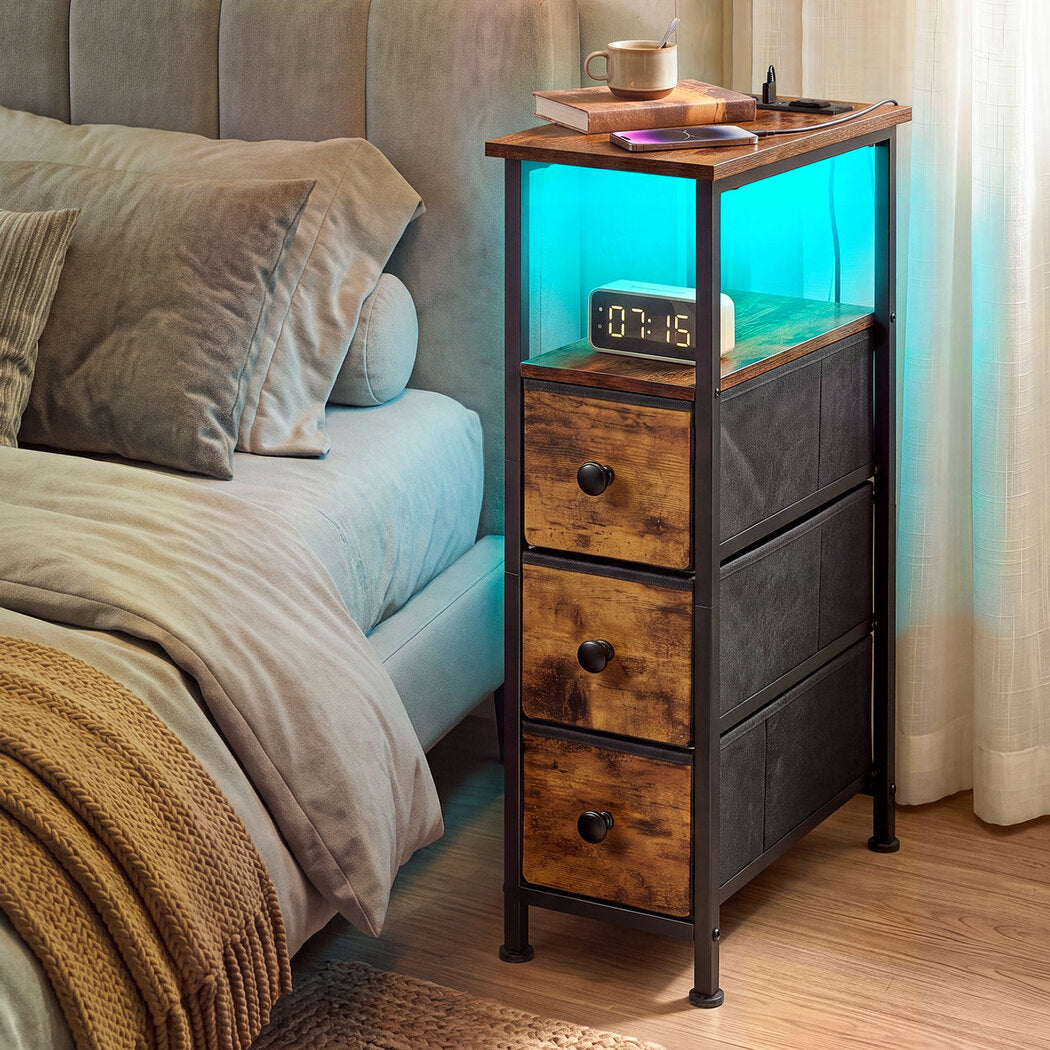 Levede Bedside Table with LED Charging Station 3 Drawers Metal Frame-2100034980485926919