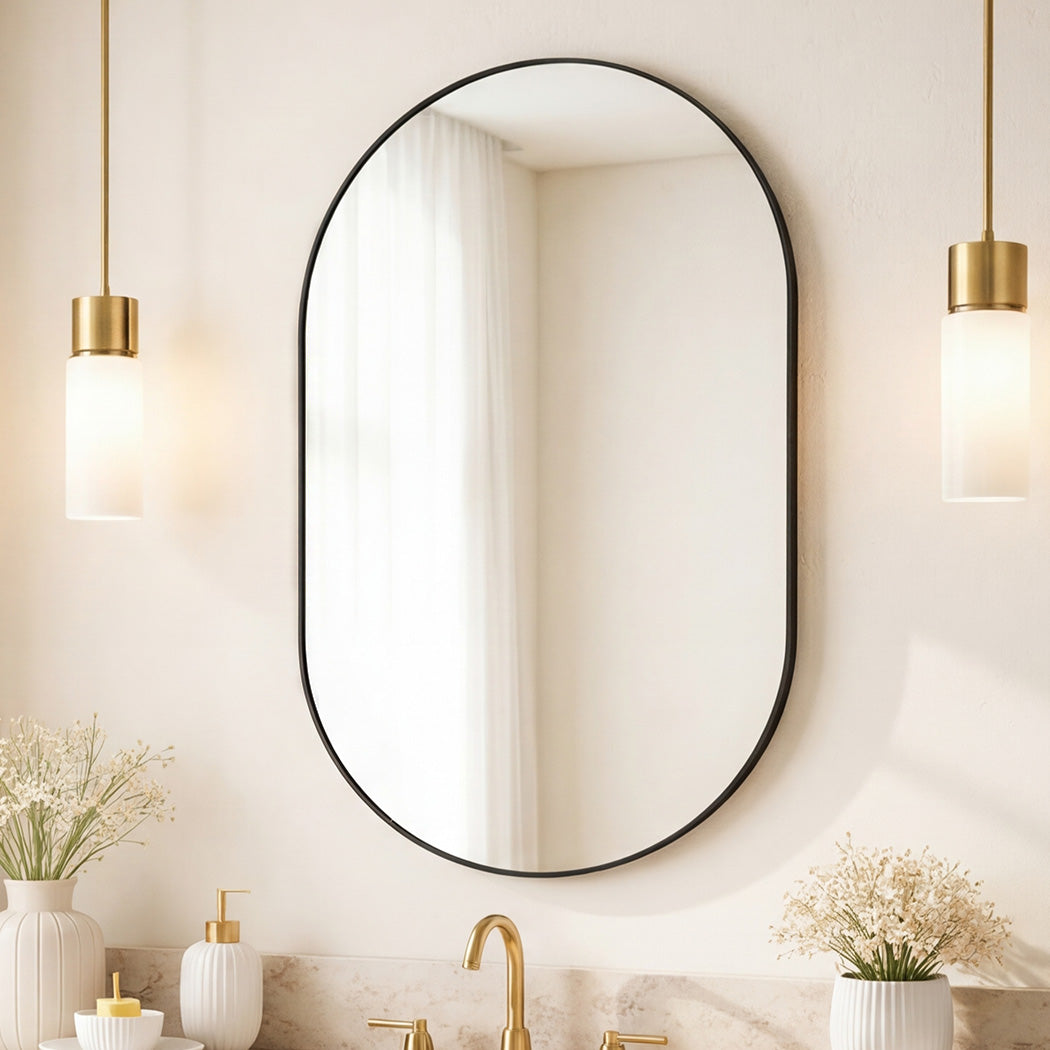 Yezi Oval Wall Mirror 70x50cm Black Frame Bathroom Wall Mounted Vanity Mirror-2050059009389629447