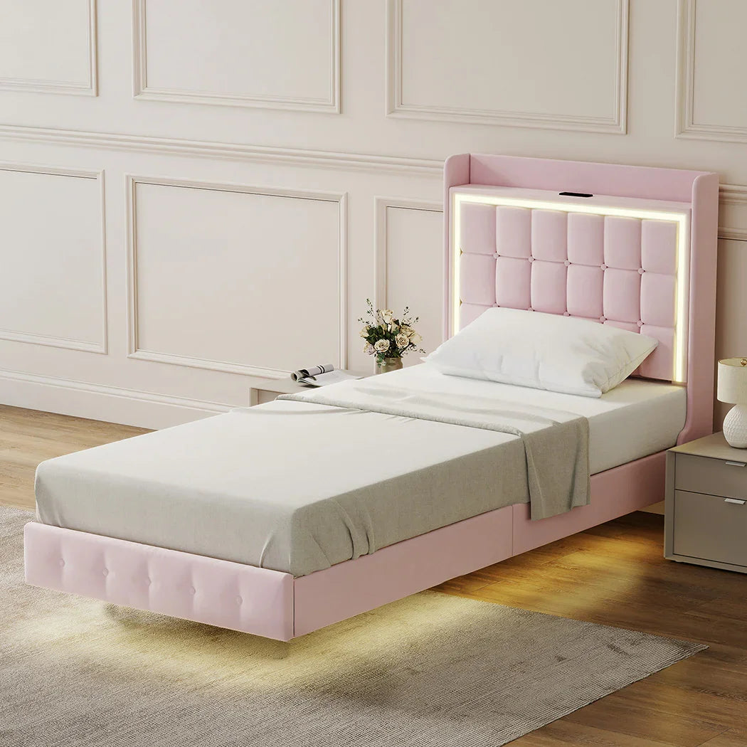 Levede Single Floating Bed Frame LED Headboard USB Pink-2050056739402944519