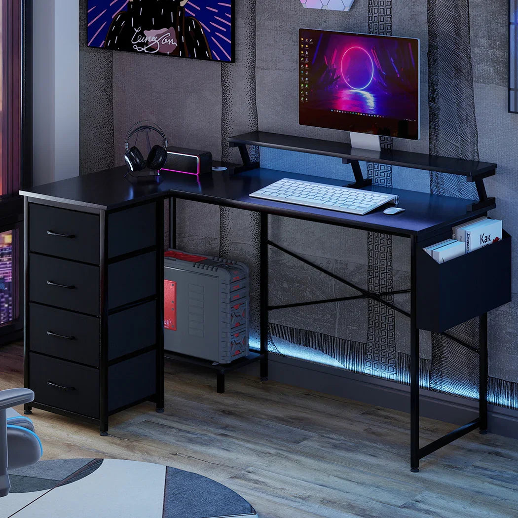 Levede L Shaped Gaming Desk with Storage Drawers Black-2050056895582048263