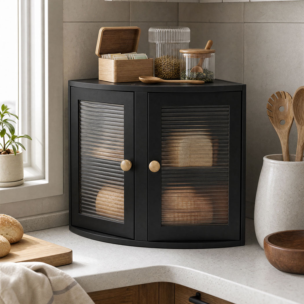 Toque Corner Bread Box 2 Tier Bamboo Bread Bin Kitchen Countertop Storage Black-2072893581982568455