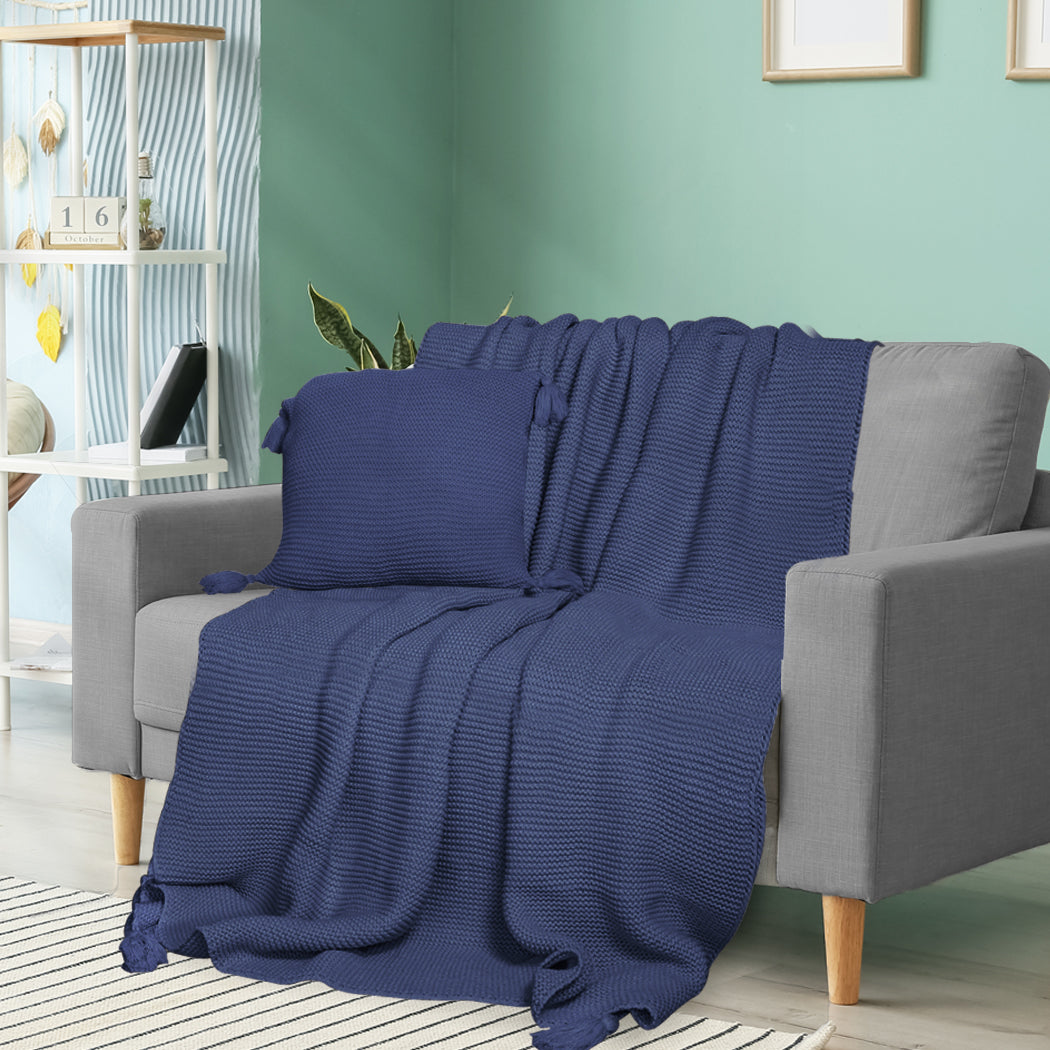 DreamZ Knitting Throw Blanket Cushion Navy-1864183212432035847