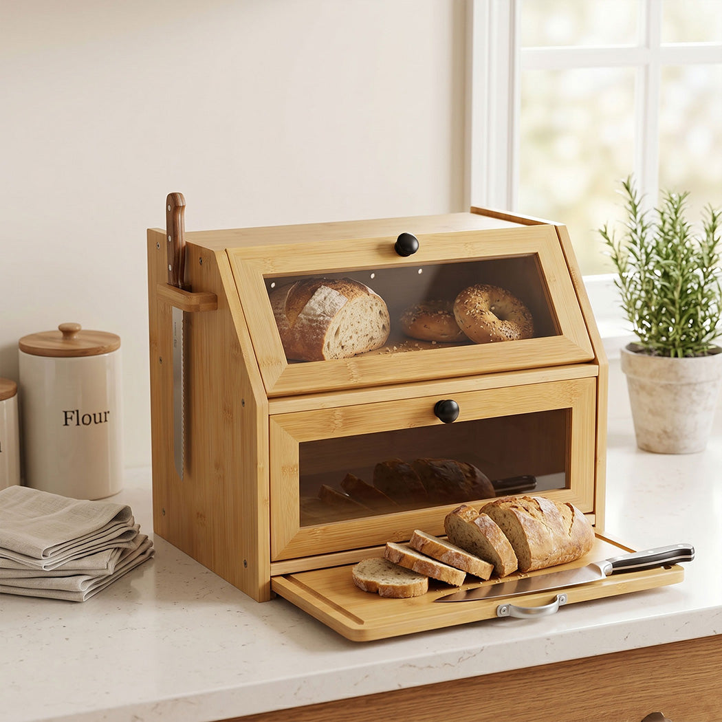 Toque Bread Box Bread Bin Double Layer Bamboo Bread Storage with Window Natural-2072893581403754503