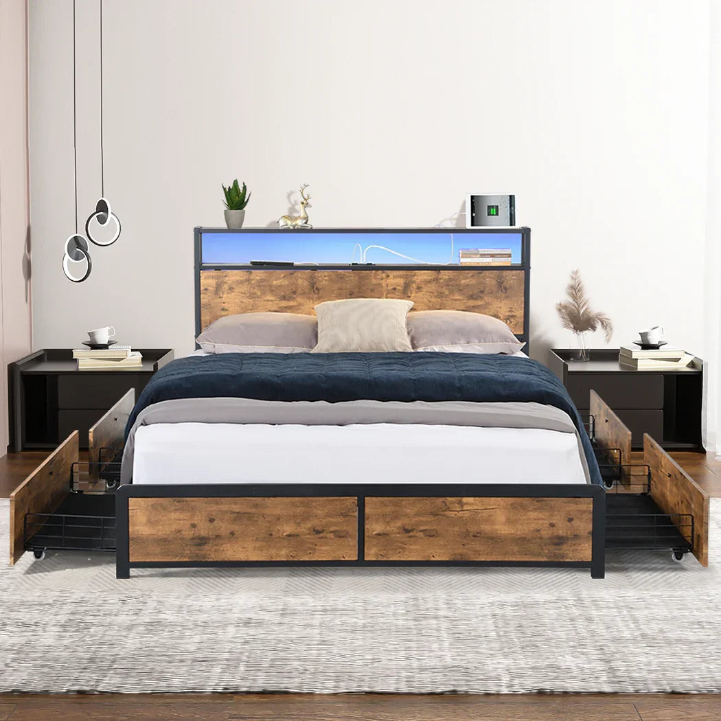 Levede Queen Bed Frame RGB LED 4 Drawers USB-2029387280589918215