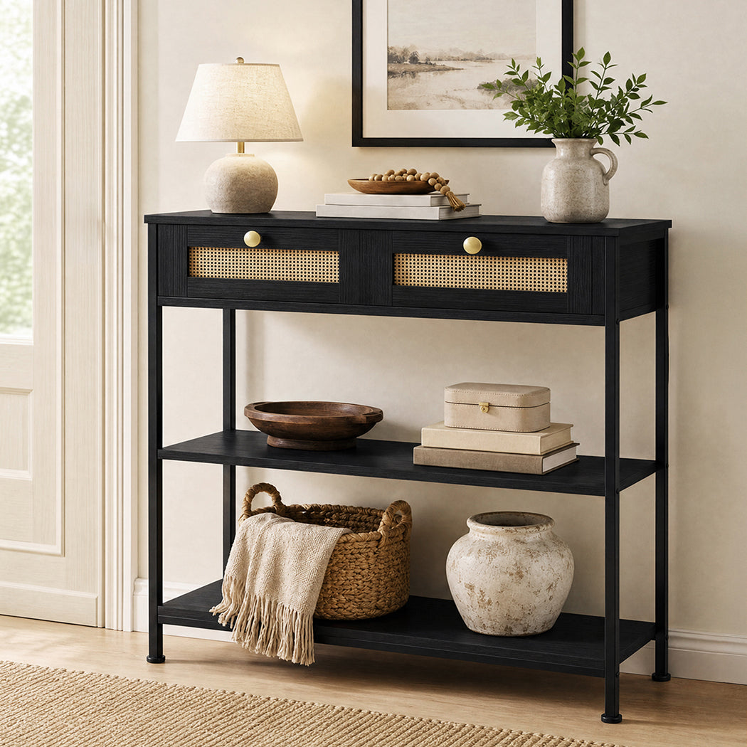 Levede Console Table with Drawers 3-Tier Slim Hallway Table 80cm Entryway Black-2109799589392093193