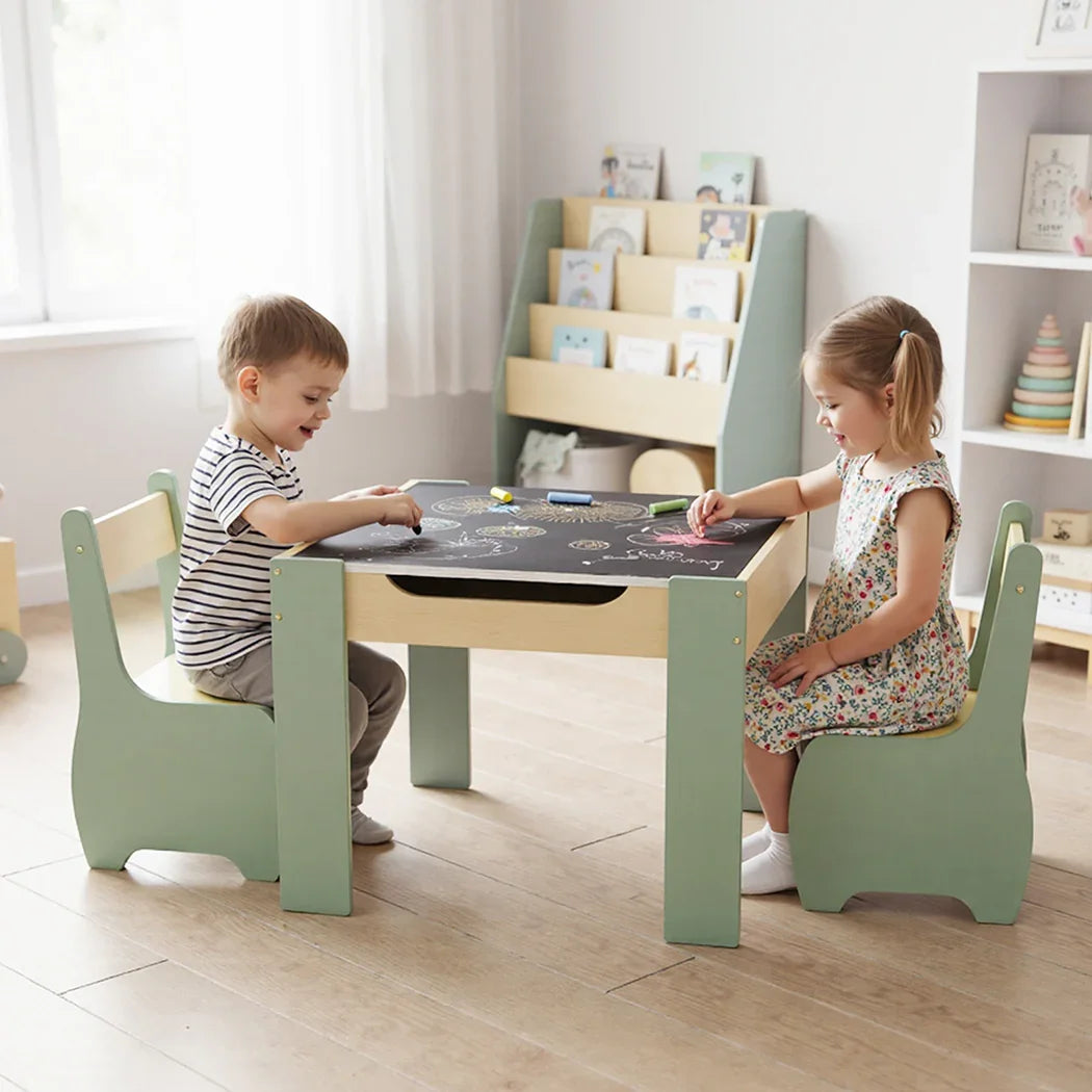 Levede Kids Table and Chairs Set 3-in-1 Chalkboard Storage Learning Dining Desk-2050056790908997639