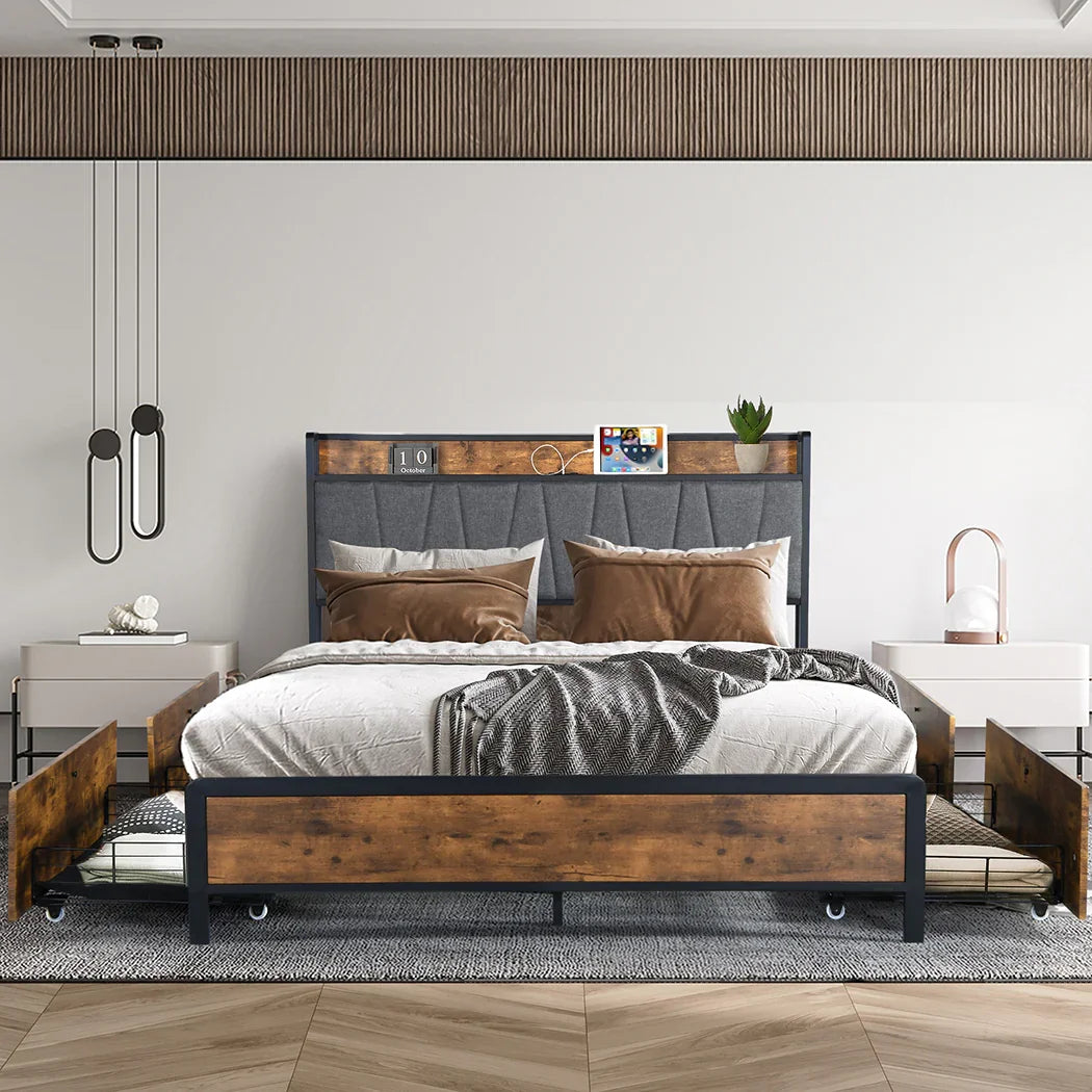 Levede Queen Bed Frame Soft Storage Drawers Headboard USB Charge-2029387280409563143