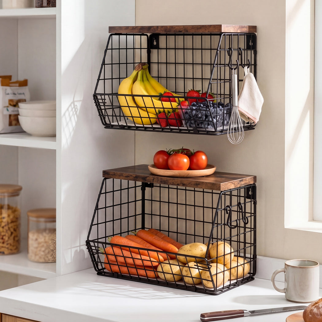 Toque Fruit Snack Storage Basket 2PCS Stackable Wall Mounted Kitchen Wood Lid-2072893579830890503