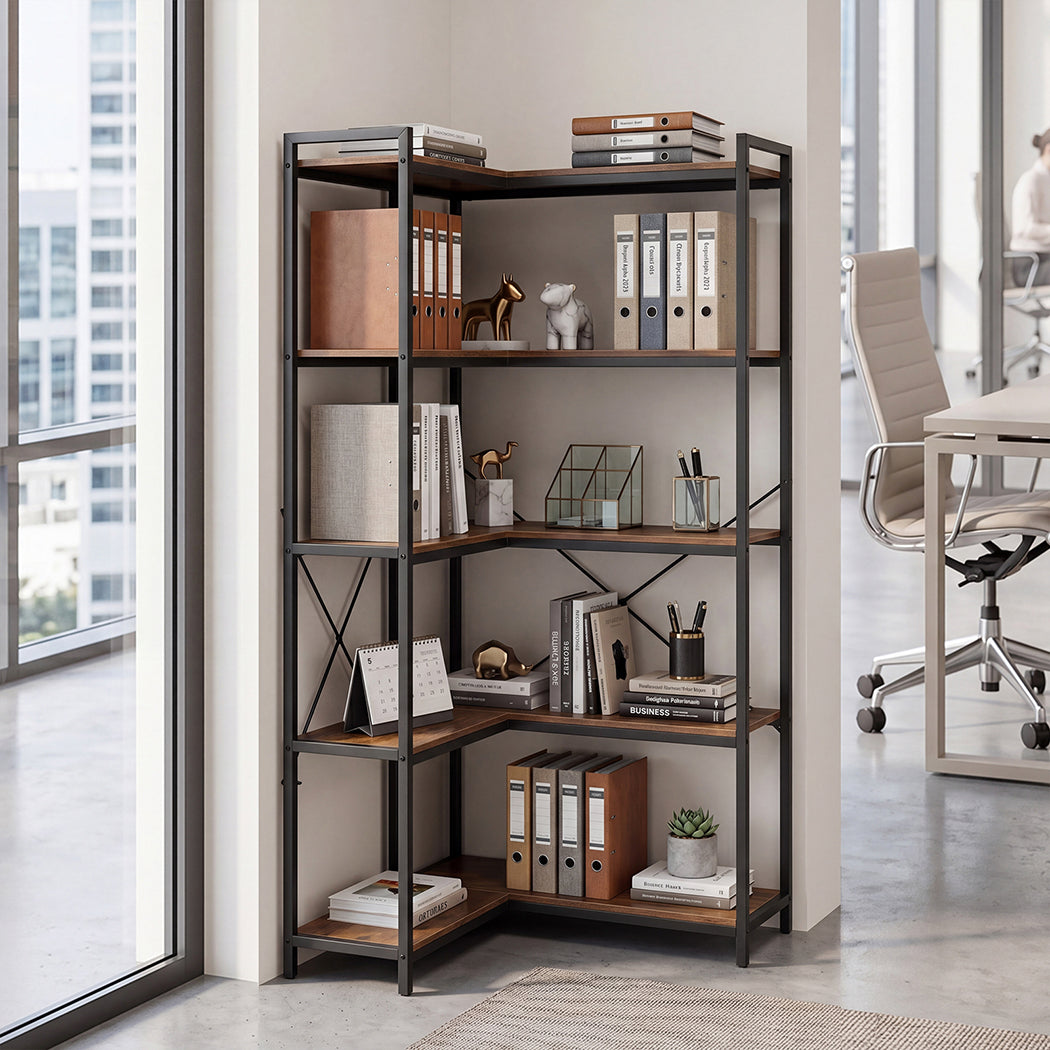 Levede Corner Bookshelf 5 Tier Bookcase L Shape Storage Shelf Display Rack Brown-2072893553419358216