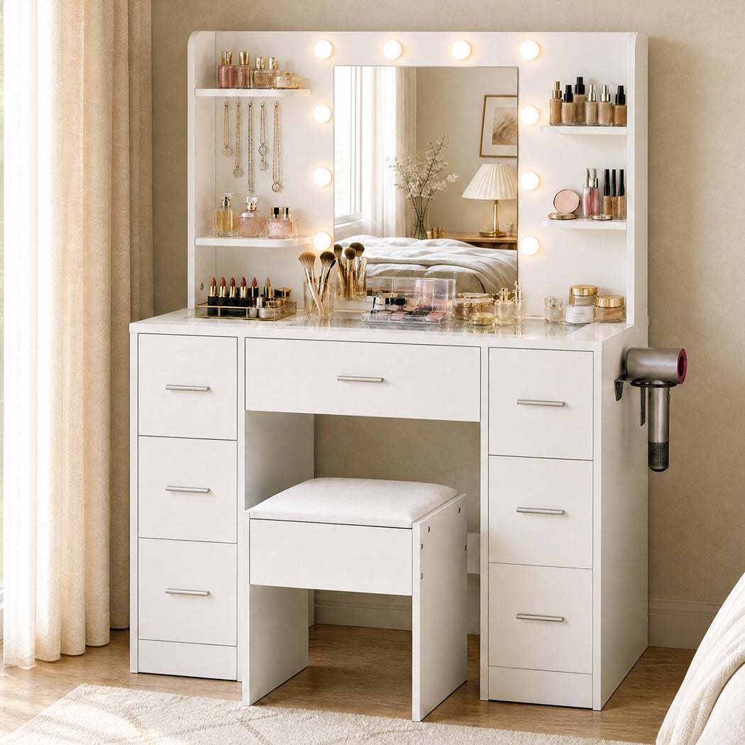 Levede Dressing Table Makeup Vanity with Lights Glass Desktop 7 Drawers White-2109799601329082377