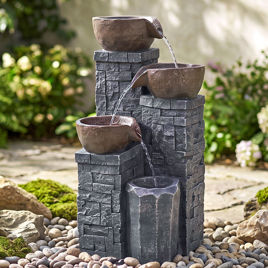 Levede Water Fountain Feature 4 Tier LED Resin Outdoor for Garden Patio Grey-2109799590683938824