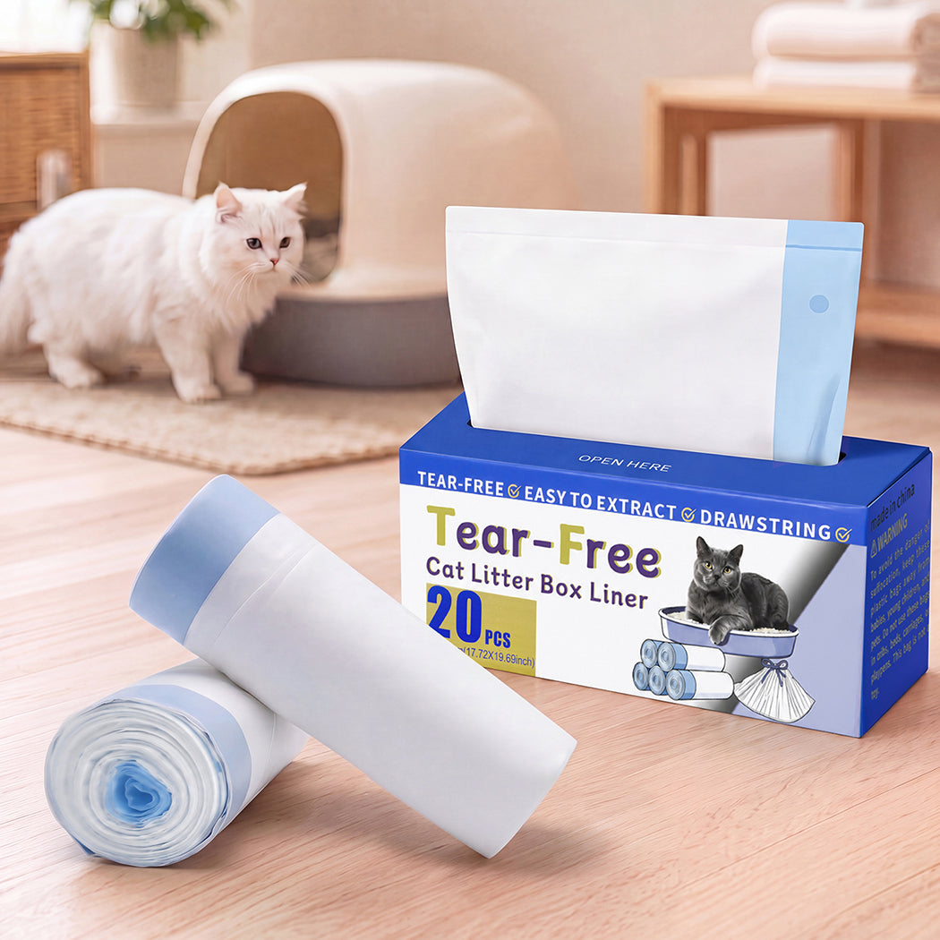 Pawz Cat Litter Bags 45 x 50cm 10kg 2Rolls 40ct Drawstring HDPE White Blue-2100034990476759047