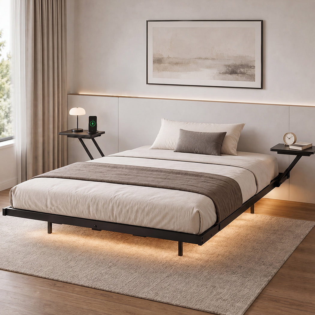 Levede Double Bed Frame Floating Frame with Storage Shelves RGB Lights Black-2072893552320450567