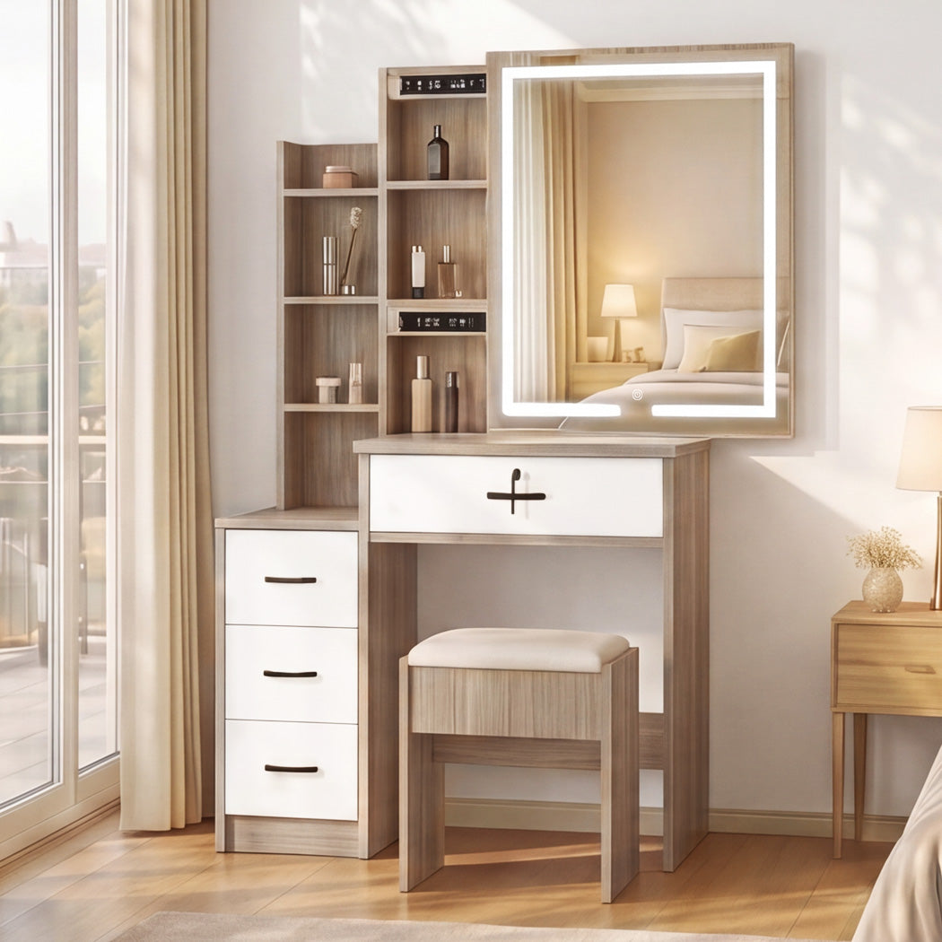 Levede Dressing Table Vanity Stool Set Sliding LED Mirror Makeup Storage Shelves Natural-2072893560272850952