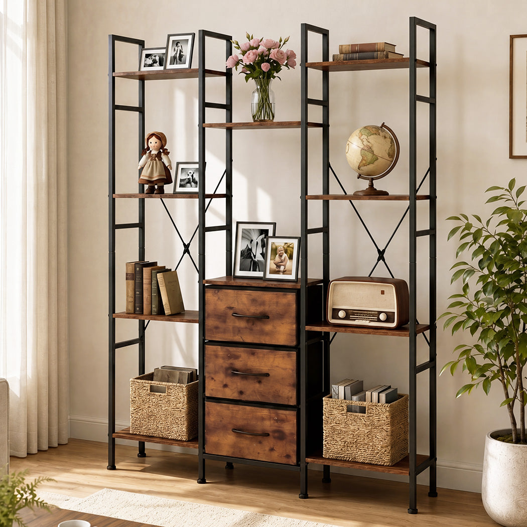 Levede Bookshelf 10 Open Cubes 3 Fabric Drawers Wood Black-2100034939570491400
