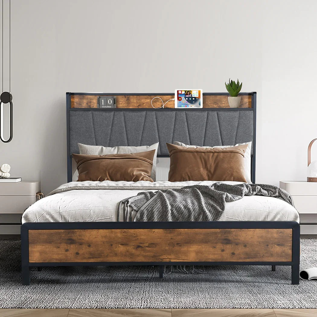 Levede Double Bed Frame Tufted Headboard USB Charge-2006732834424885255