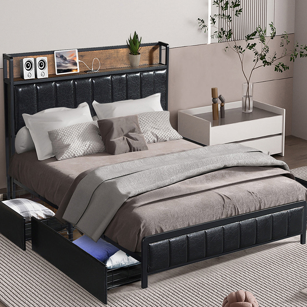 Levede Double Bed Frame PU Mattress Base Storage Drawer Headboard USB Charge-2100034935908864007