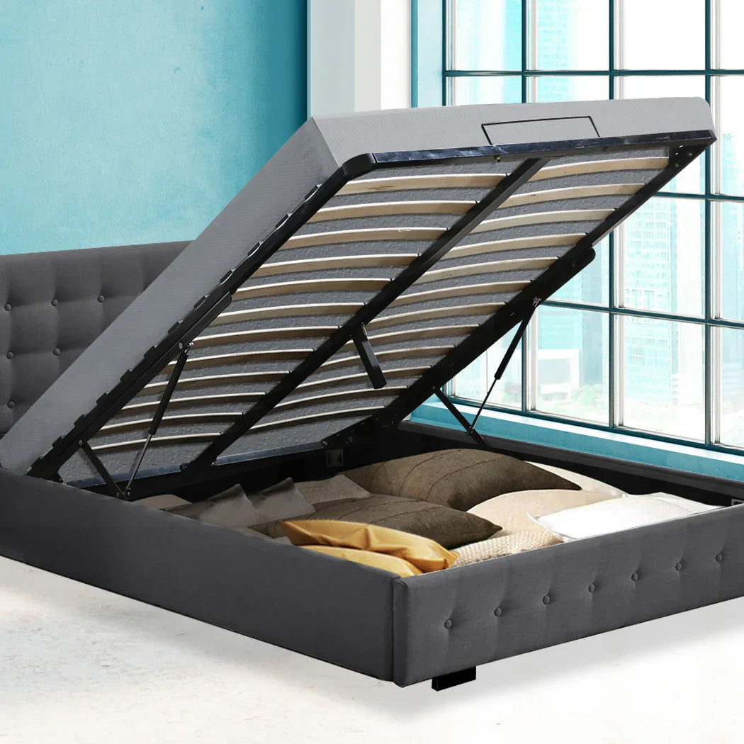 Levede Gas Lift Bed Frame Fabric Base Double Dark Grey-2006733222381228039