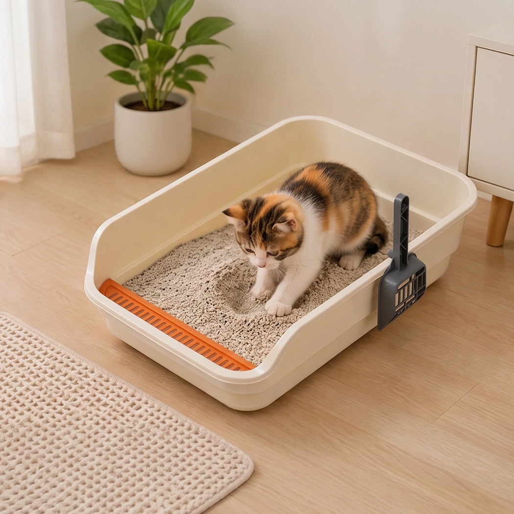 Pawz Large Cat Litter Box High Sided Open Top Cat Litter Tray 60cm Beige-2072893574063722503