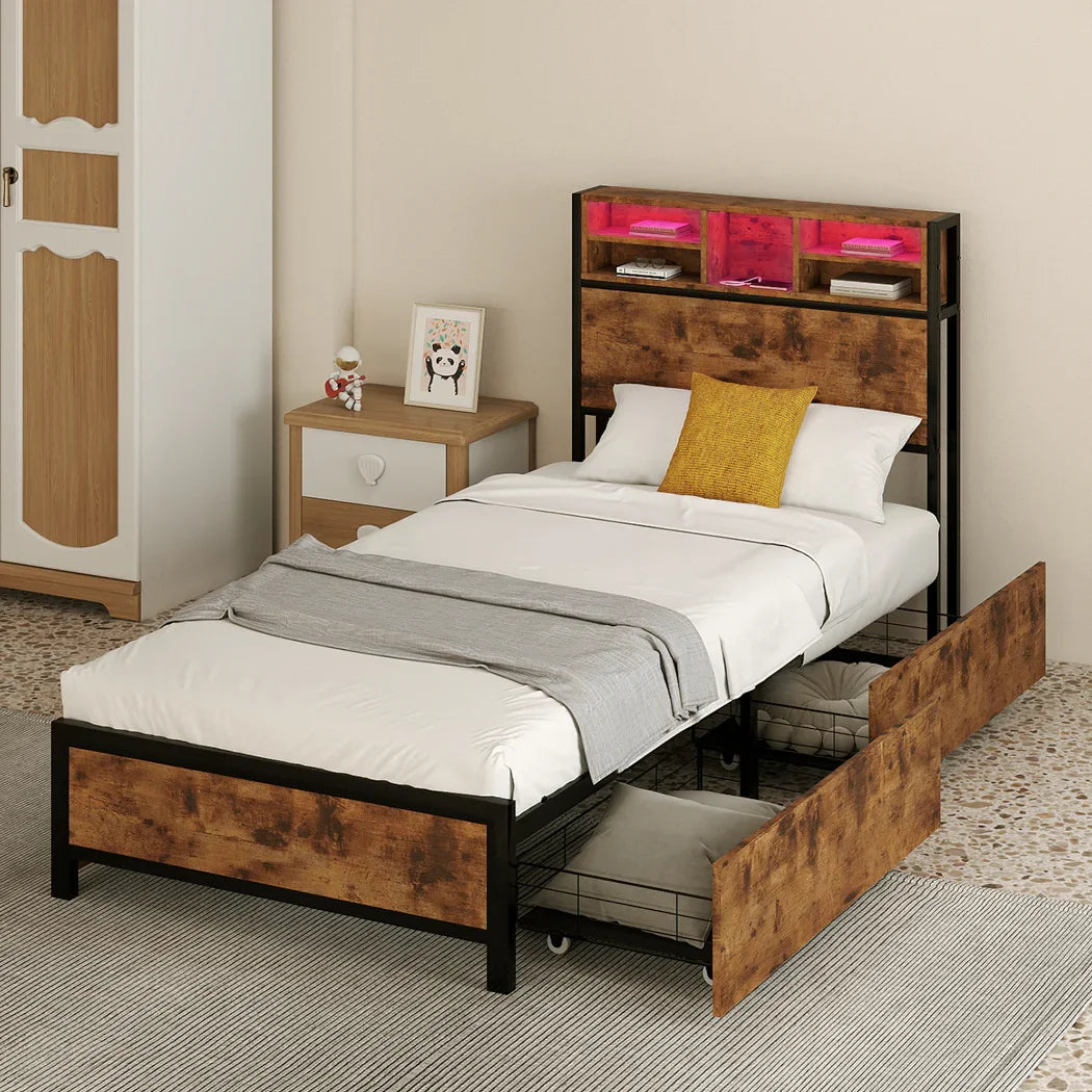 Levede Single Bed Frame Industrial Storage LED Charing-2050056748655579143