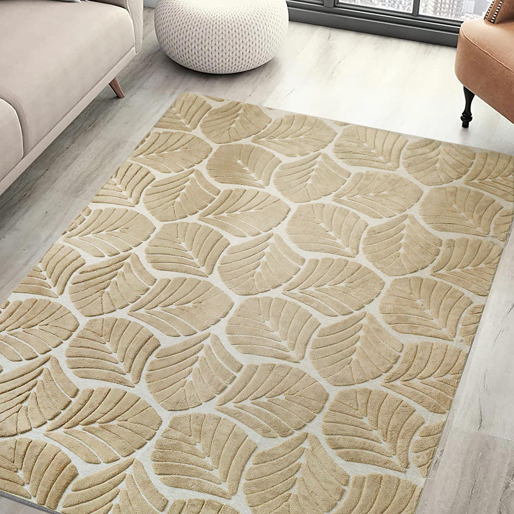 Marlow Floor Rug Soft Embossed Carpet Non Slip Plush Shaggy Rugs Leaf Pattern-1894516741241966599
