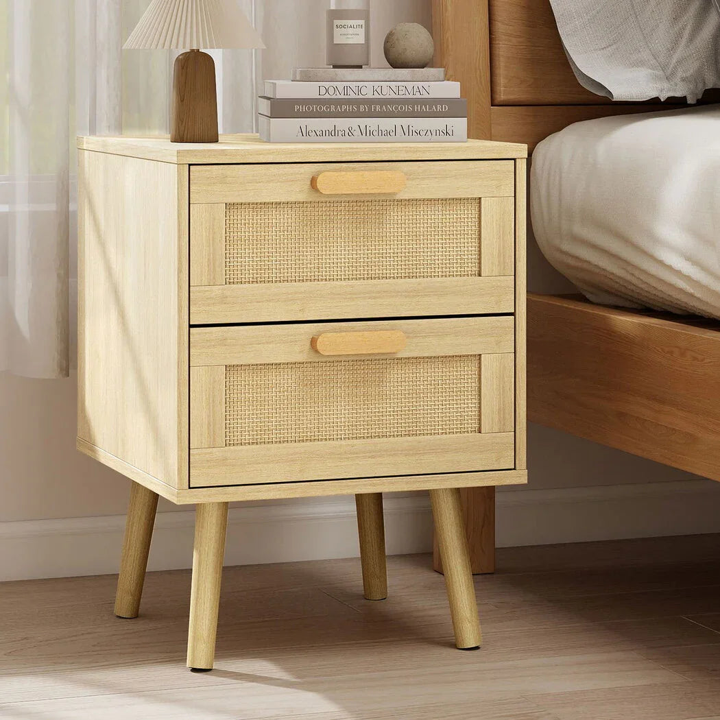 Levede 2x Bedside Tables Set Wooden Side Table Nigntstand Bedroom Rattan Drawers-2050056763503415303