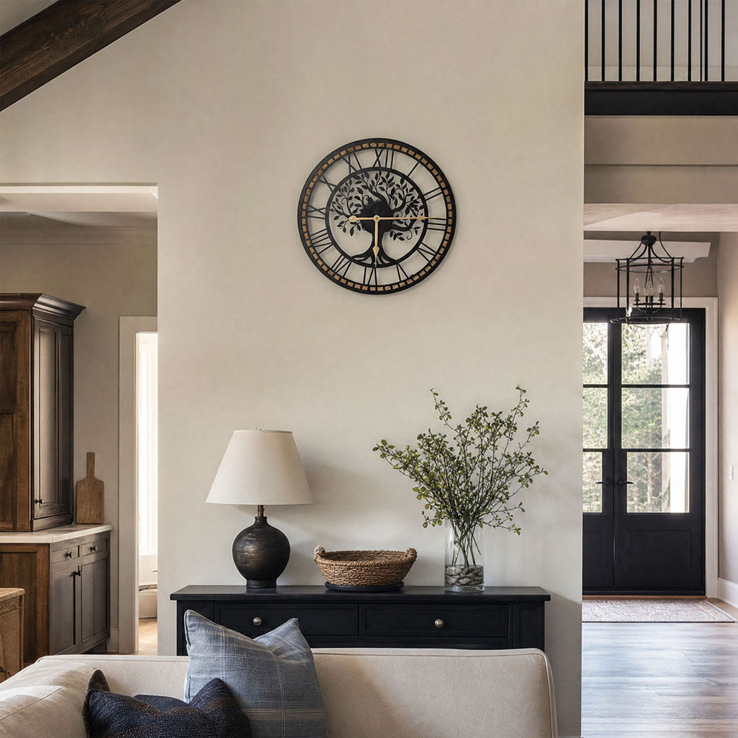 Yezi Wall Clock 40cm Vintage Tree Design Silent Quartz Iron Wood Black-2100034941327904775