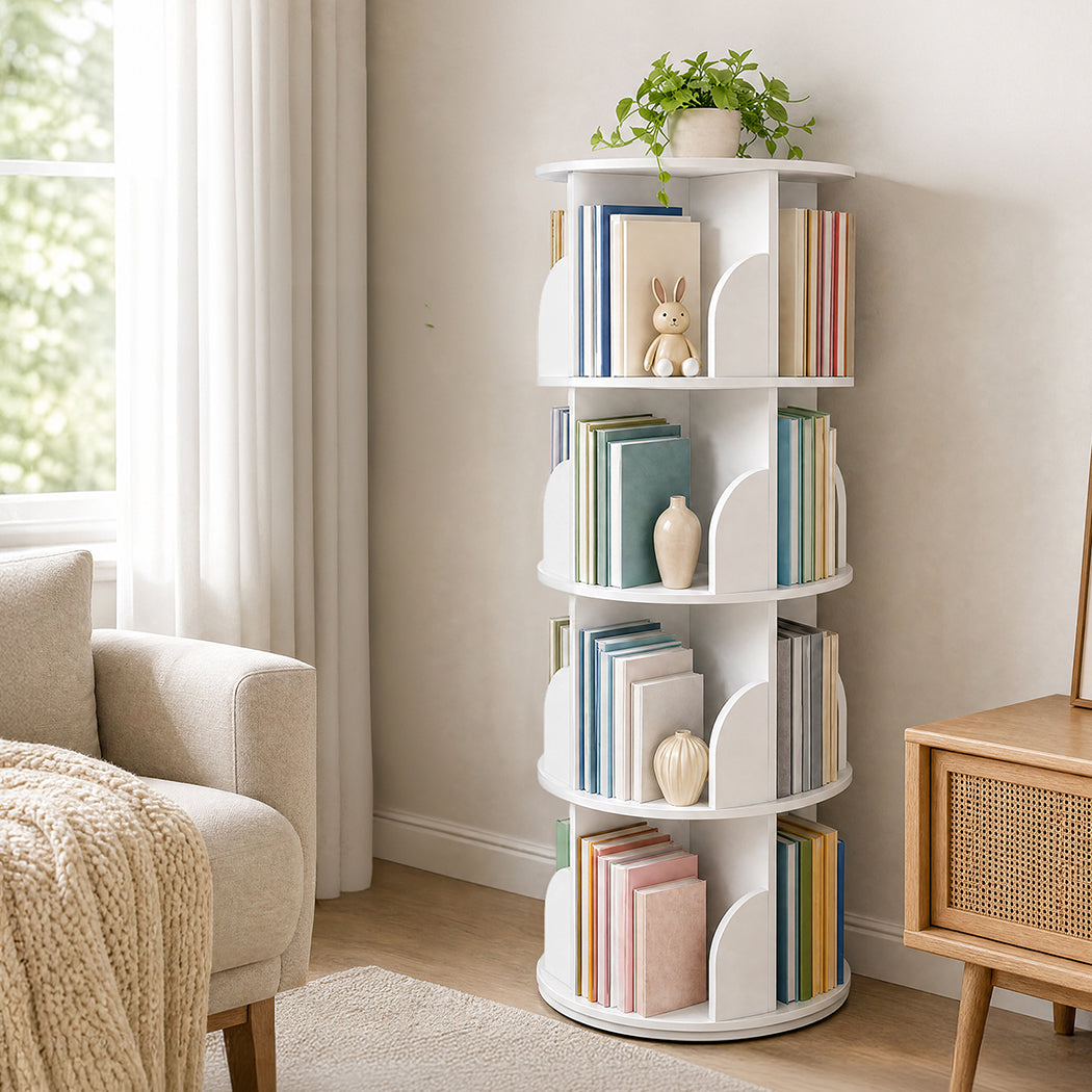 Levede Rotating Bookshelf 4 Tier Book Storage 360 Swivel Space Saving White-2109799589056548873