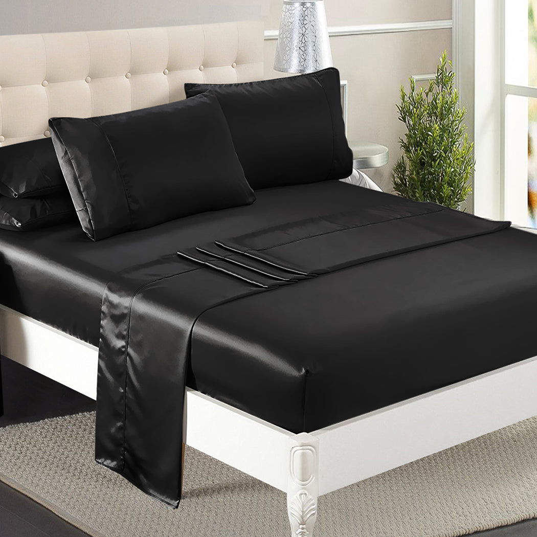 DreamZ Silky Satin Sheets Fitted Flat Queen Black-1864183177682227207