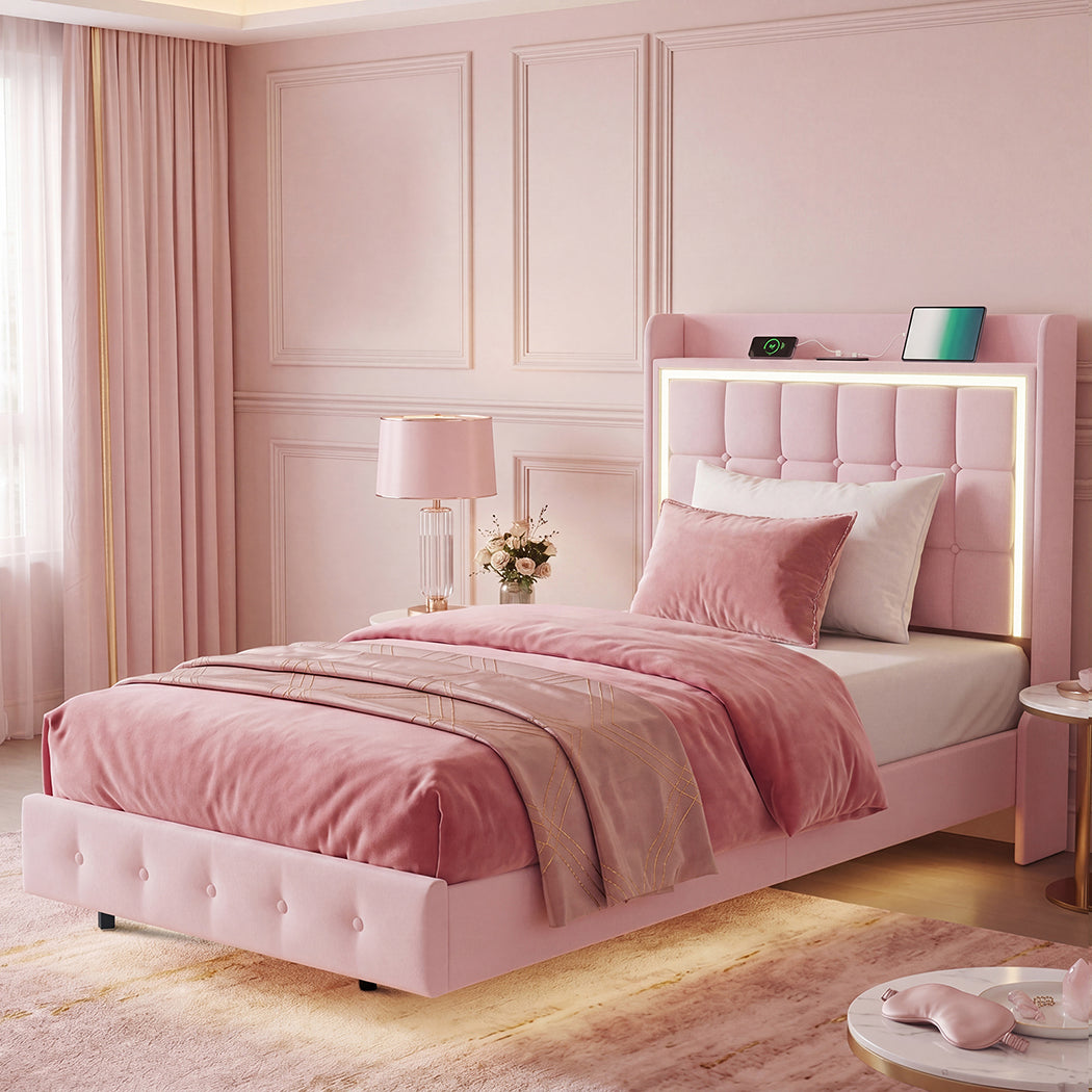 Levede King Single Floating Bed Frame With RGB LED Light Headboard USB Charge-2100034937645305862