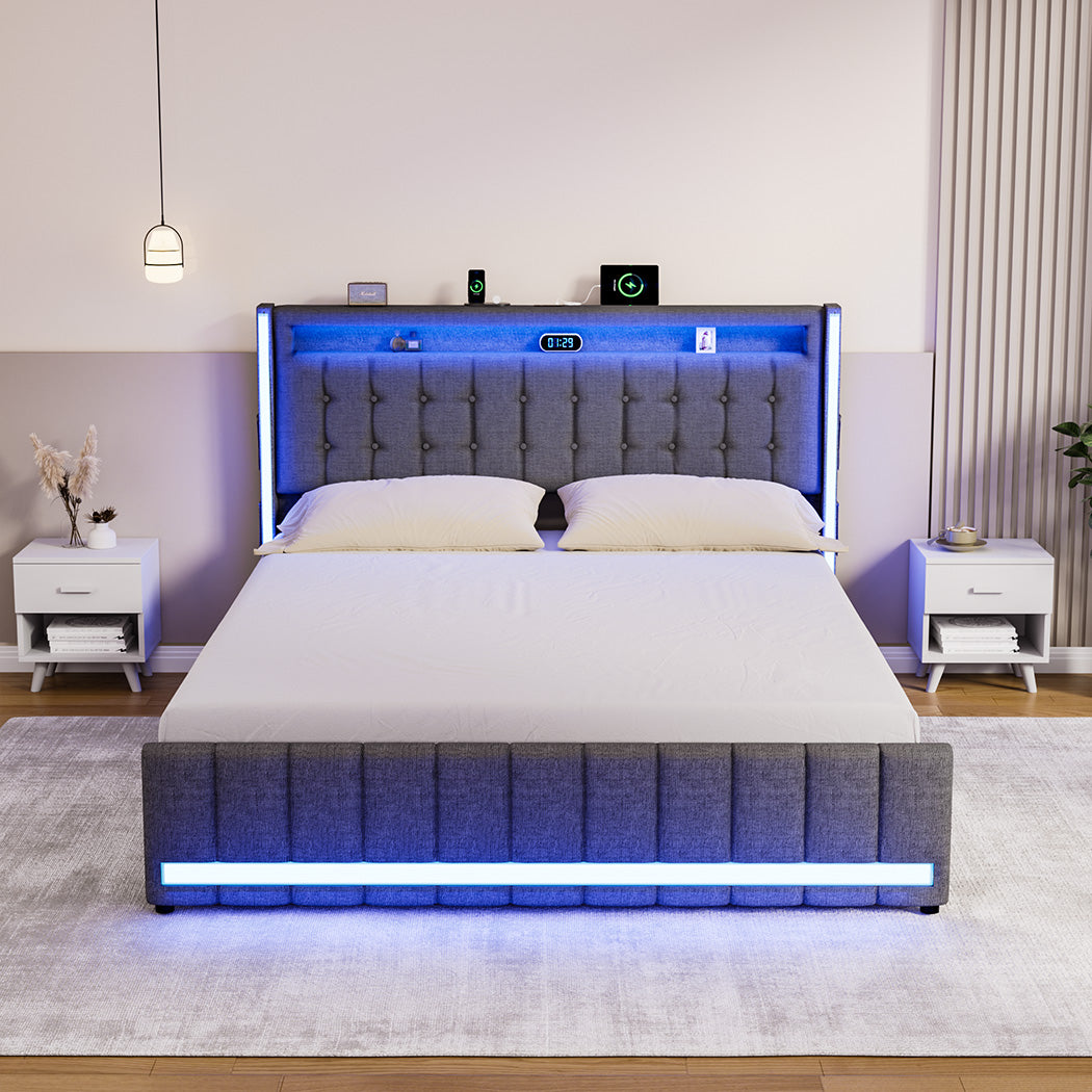 Queen Solid Bed Frame Headboard RGB LED Lights 4 Drawer USB Charge