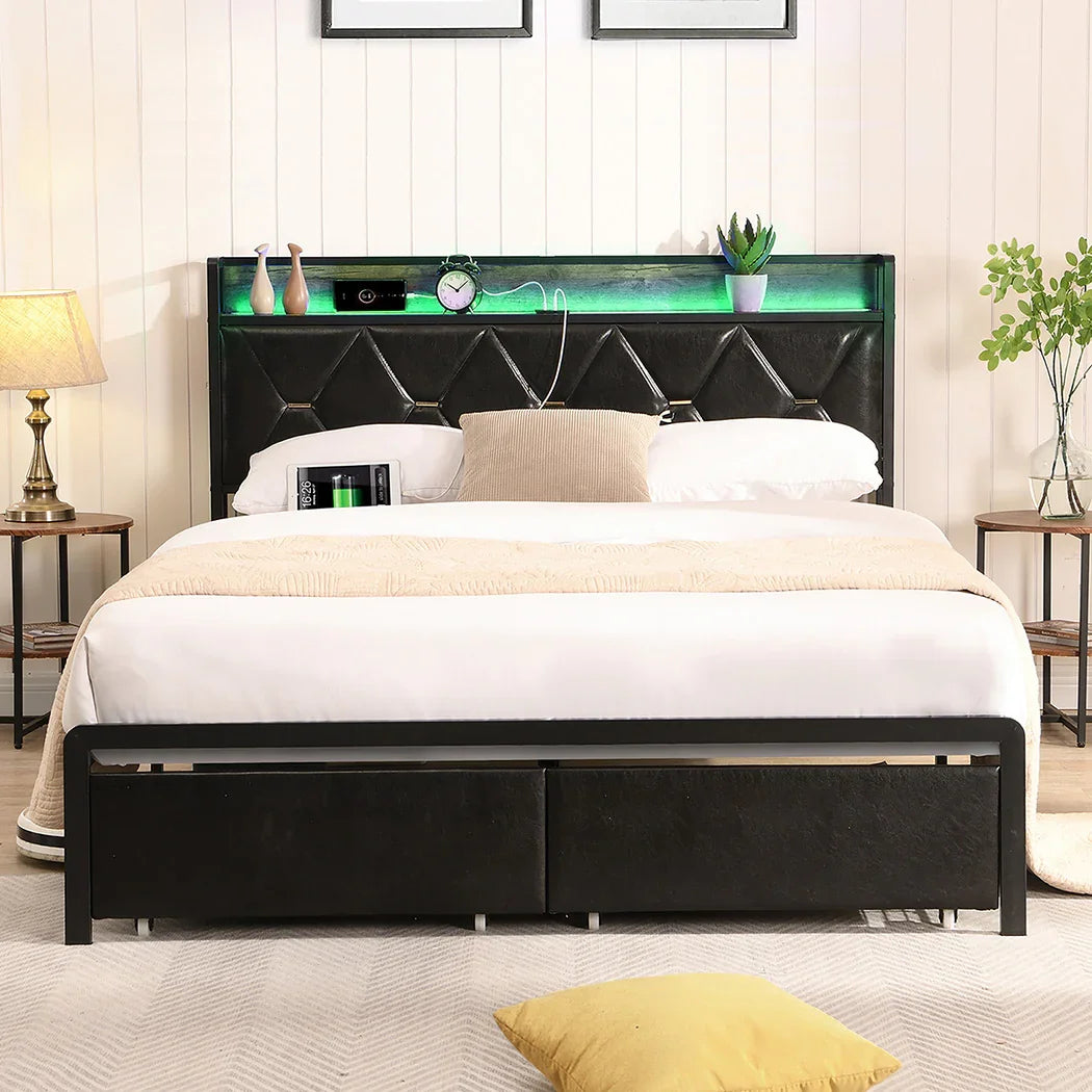 Levede King Bed Frame Leather Headboard RGB 2 Drawers-2050056739612659719