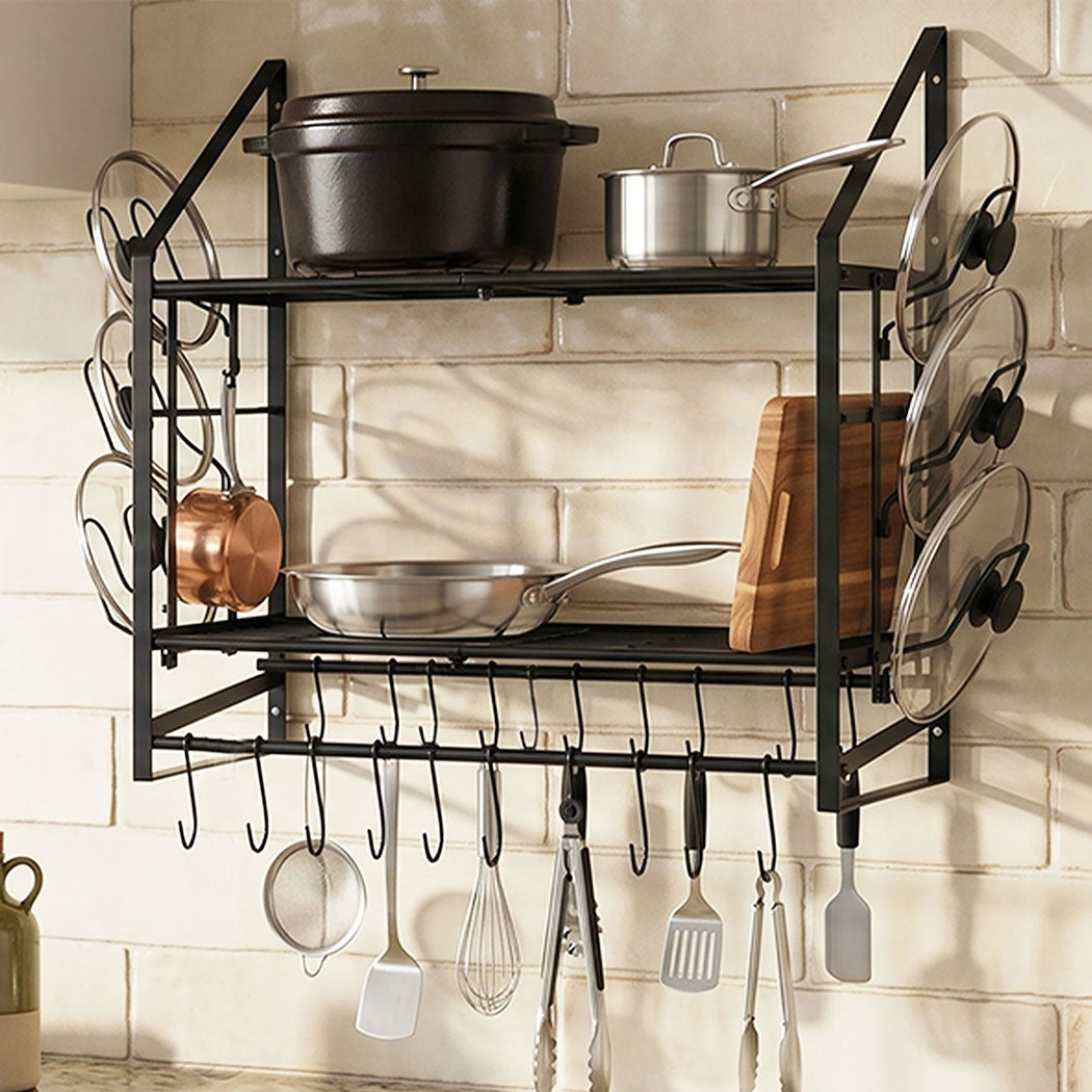 Toque Pot Rack Wall Mounted 2 Tier Hanging Cookware Organizer 20 Hooks Pan Rack-2072893580028022791