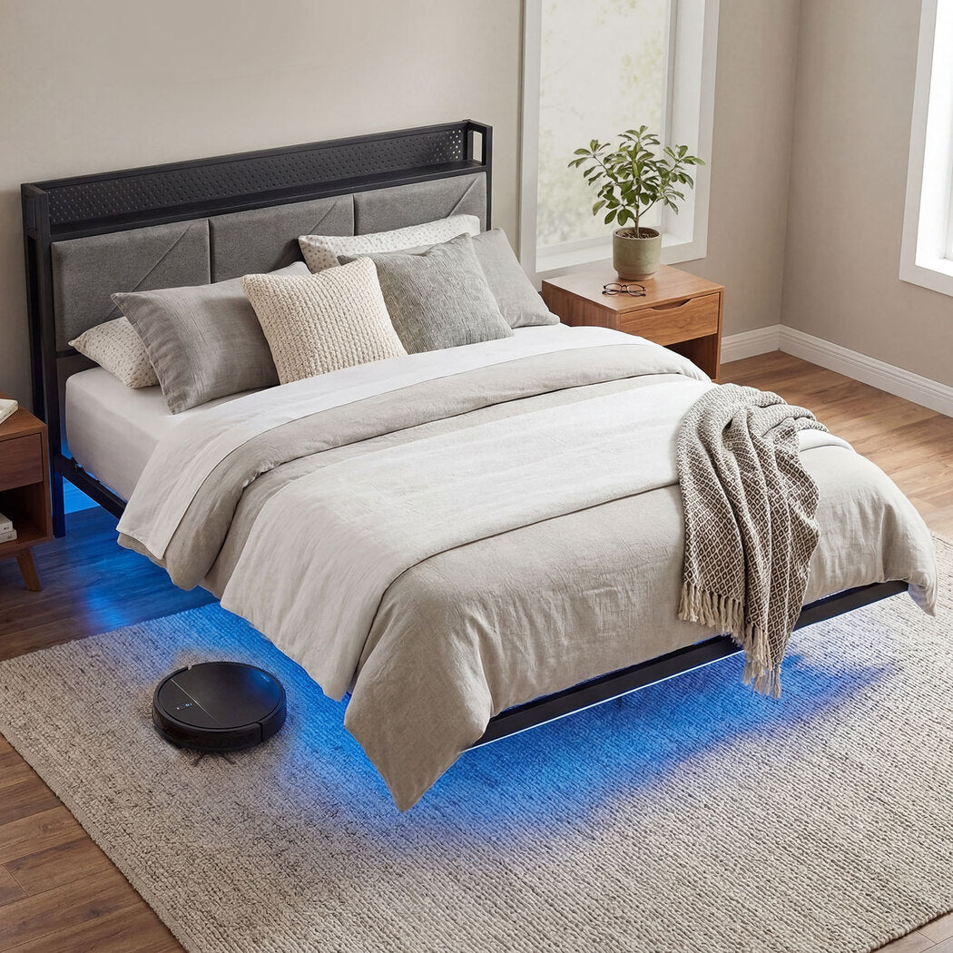 Levede Floating Bed Frame Double LED USB Power Storage Headboard Metal Base-2050059005740584967