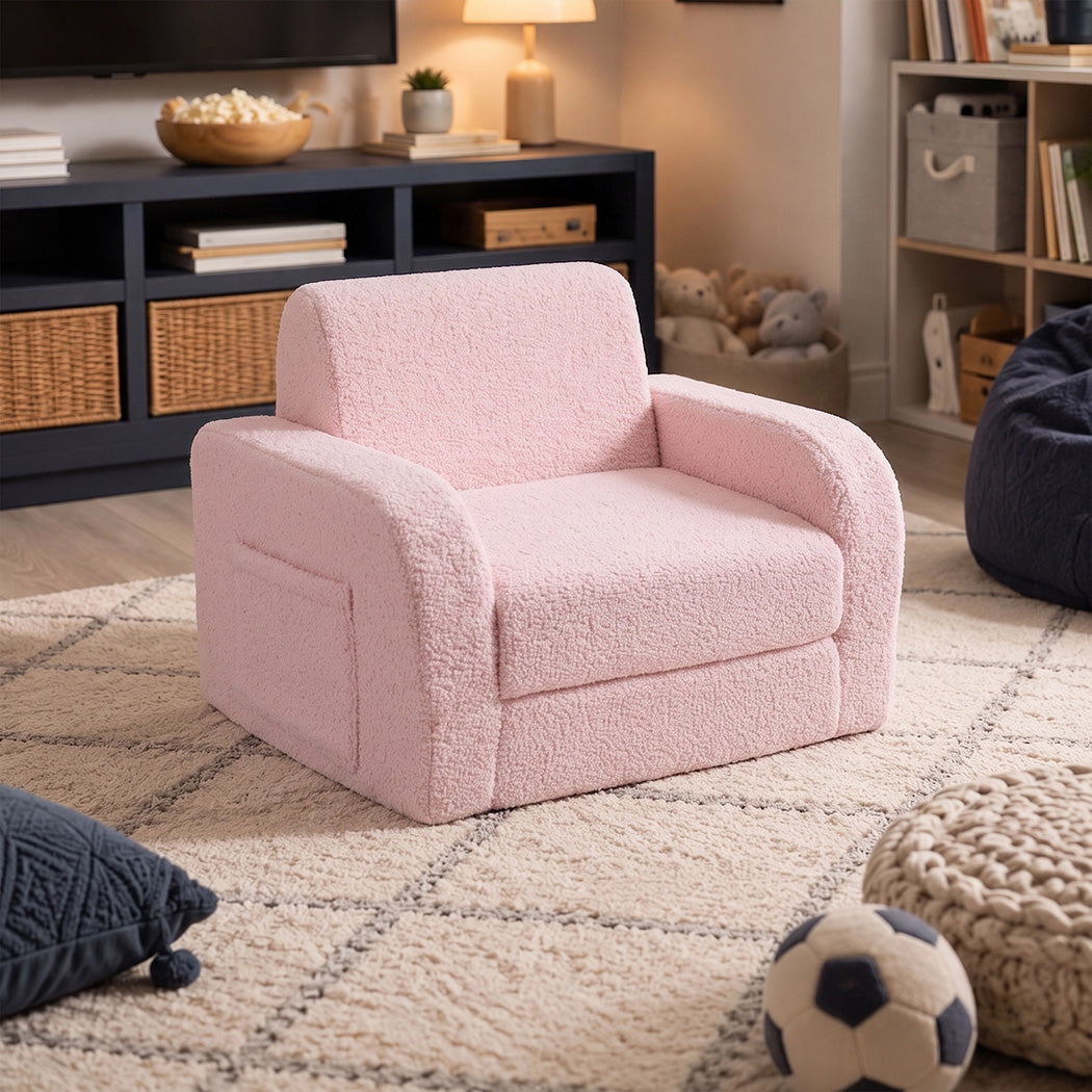 BoPeep Kids Sofa Fold Out Couch 3 In 1 Teddy Fleece Convertible Chair Pink-2109799595553525768