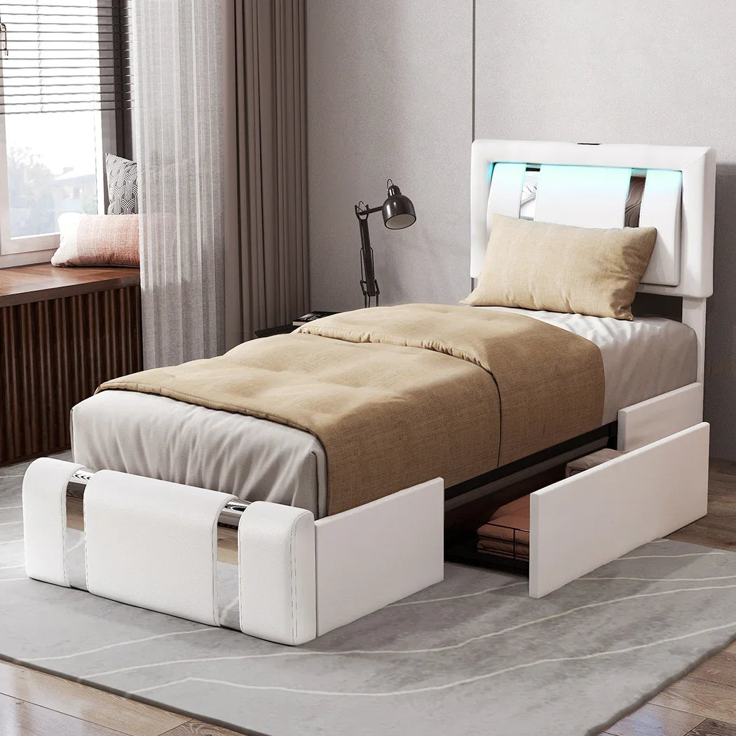 Levede Single Bed Frame Leather Headboard RGB 2 Drawers-2050056740216639495