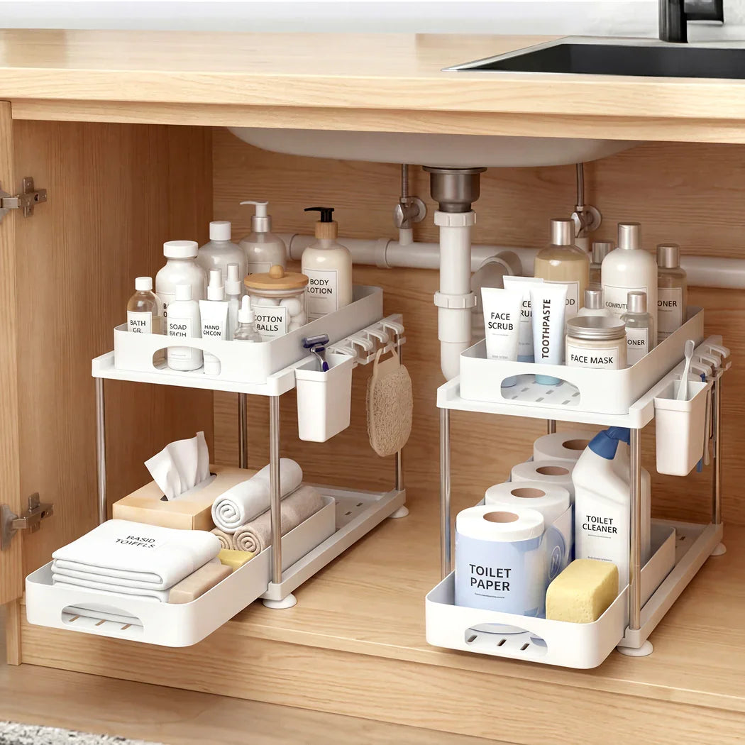 Toque 2 x Under Sink Organizer 2 Tier Cabinet Storage Rack Adjustable Kitchen-2050056777659191303