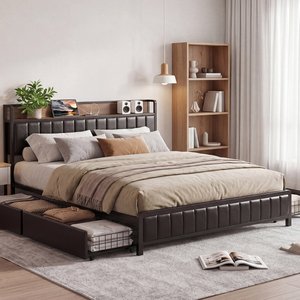 Levede King Bed Frame PU Mattress Base Storage Drawer Headboard USB Charge-2100034936097607687