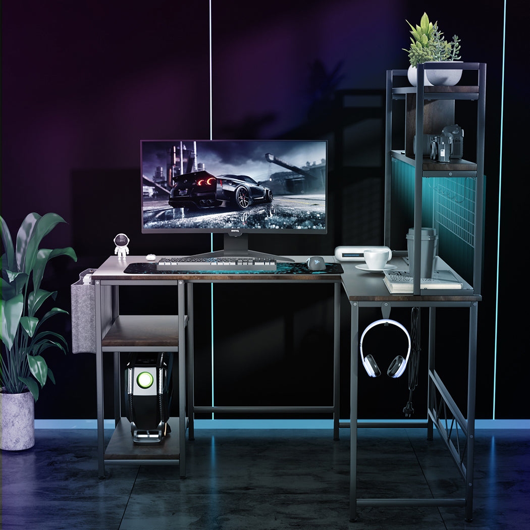 Levede L Shaped Gaming Desk with LED Lights Brown-1894516732870135814